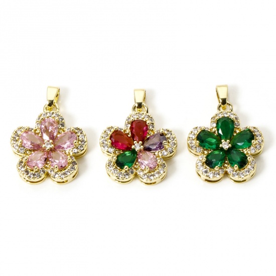 Image de 1 Pièce Pendentif Breloque Respectueux de la Nature en Laiton Plaqué Or Véritable 18K Multicolore Fleur à Zircone Cubique Clair 24mm x 17mm