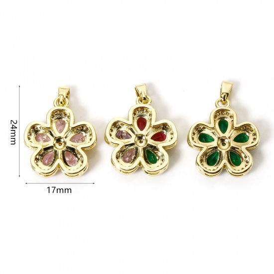 Image de 1 Pièce Pendentif Breloque Respectueux de la Nature en Laiton Plaqué Or Véritable 18K Multicolore Fleur à Zircone Cubique Clair 24mm x 17mm