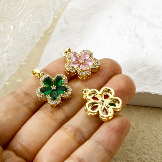 Image de 1 Pièce Pendentif Breloque Respectueux de la Nature en Laiton Plaqué Or Véritable 18K Multicolore Fleur à Zircone Cubique Clair 24mm x 17mm