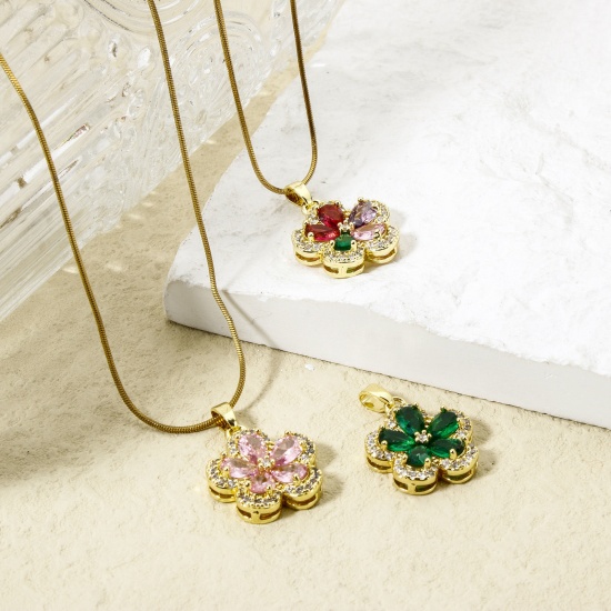 Image de 1 Pièce Pendentif Breloque Respectueux de la Nature en Laiton Plaqué Or Véritable 18K Multicolore Fleur à Zircone Cubique Clair 24mm x 17mm