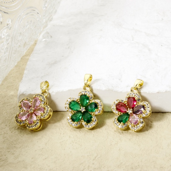 Image de 1 Pièce Pendentif Breloque Respectueux de la Nature en Laiton Plaqué Or Véritable 18K Multicolore Fleur à Zircone Cubique Clair 24mm x 17mm