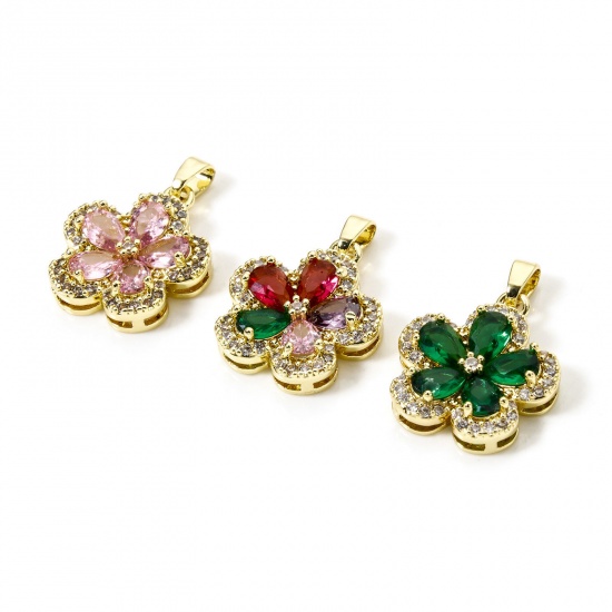 Image de 1 Pièce Pendentif Breloque Respectueux de la Nature en Laiton Plaqué Or Véritable 18K Multicolore Fleur à Zircone Cubique Clair 24mm x 17mm
