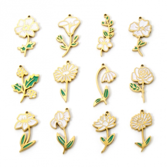 Bild von Umweltfreundliche Vakuumbeschichtung 304 Edelstahl Geburtsmonat Blume Charms Weiß & Grün Emaille