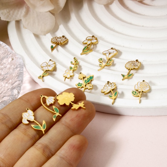 Bild von Umweltfreundliche Vakuumbeschichtung 304 Edelstahl Geburtsmonat Blume Charms Weiß & Grün Emaille