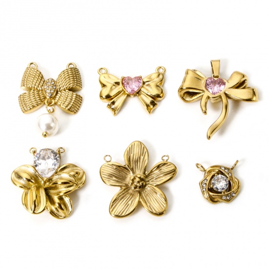 Imagen de 1 Unidad Enchapado al Vacío Ecológico 304 Acero Inoxidable Conectores Dijes Colgantes Bowknot Chapado en Oro de 18K Flor