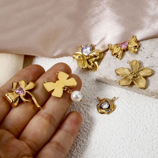 Imagen de 1 Unidad Enchapado al Vacío Ecológico 304 Acero Inoxidable Conectores Dijes Colgantes Bowknot Chapado en Oro de 18K Flor