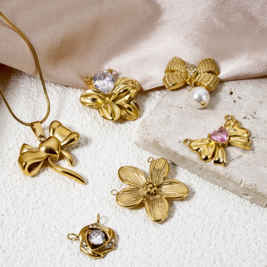 Imagen de 1 Unidad Enchapado al Vacío Ecológico 304 Acero Inoxidable Conectores Dijes Colgantes Bowknot Chapado en Oro de 18K Flor