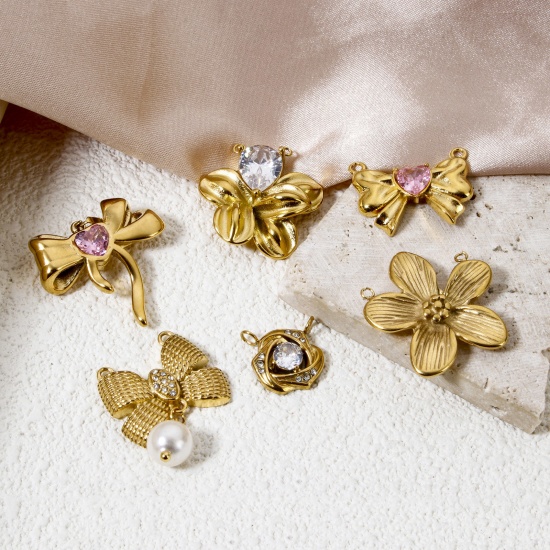 Imagen de 1 Unidad Enchapado al Vacío Ecológico 304 Acero Inoxidable Conectores Dijes Colgantes Bowknot Chapado en Oro de 18K Flor