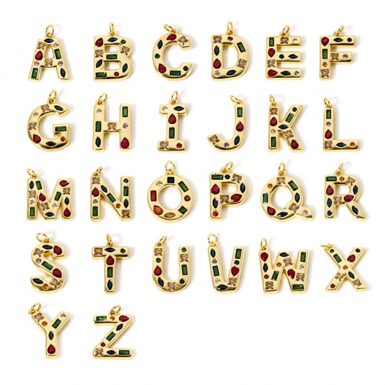 Picture of Eco-friendly Brass Charms 18K Real Gold Plated Capital Alphabet Initial Letter Message " A-Z " Multicolor Rhinestone