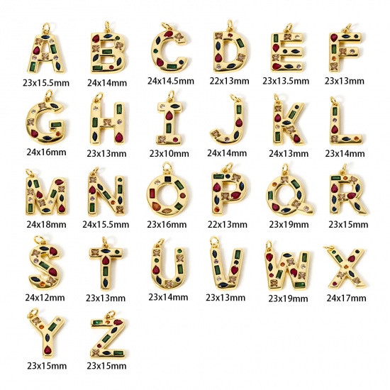Picture of Eco-friendly Brass Charms 18K Real Gold Plated Capital Alphabet Initial Letter Message " A-Z " Multicolor Rhinestone