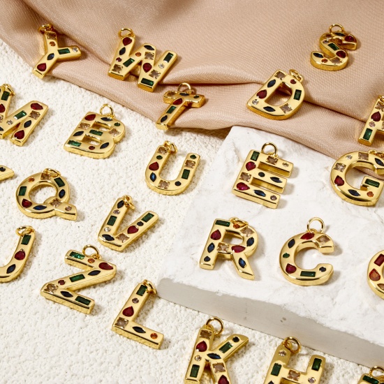 Picture of Eco-friendly Brass Charms 18K Real Gold Plated Capital Alphabet Initial Letter Message " A-Z " Multicolor Rhinestone