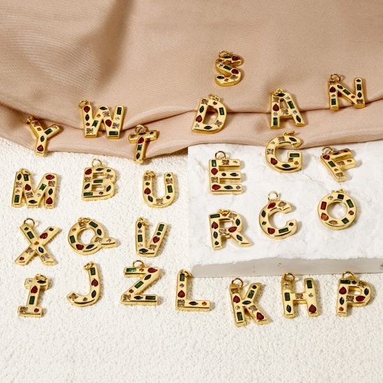 Picture of Eco-friendly Brass Charms 18K Real Gold Plated Capital Alphabet Initial Letter Message " A-Z " Multicolor Rhinestone