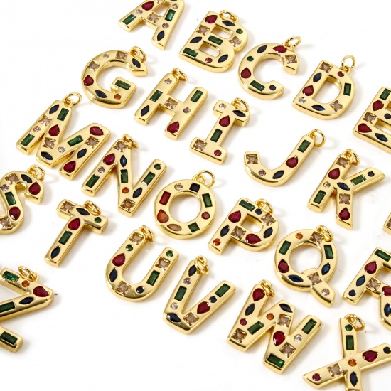 Picture of Eco-friendly Brass Charms 18K Real Gold Plated Capital Alphabet Initial Letter Message " A-Z " Multicolor Rhinestone