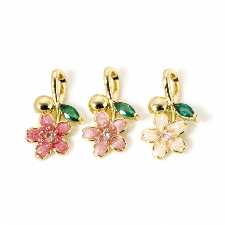 Eco-friendly Brass Flora Collection Charms 18K Real Gold Plated Multicolor Flower Enamel Green Rhinestone 19mm x 11mm
