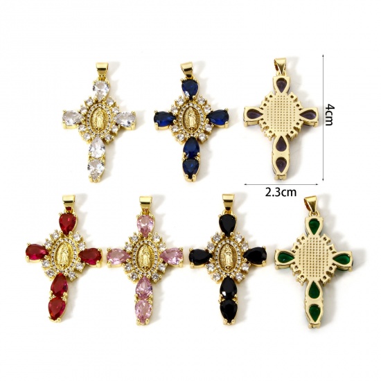 Immagine di 1 Pz Ecologico Ottone Religione Ciondoli Pendenti 18K Vero Oro Placcato Croce Vergine Maria Trasparente Cubic Zirconiae 4cm x 2.3cm