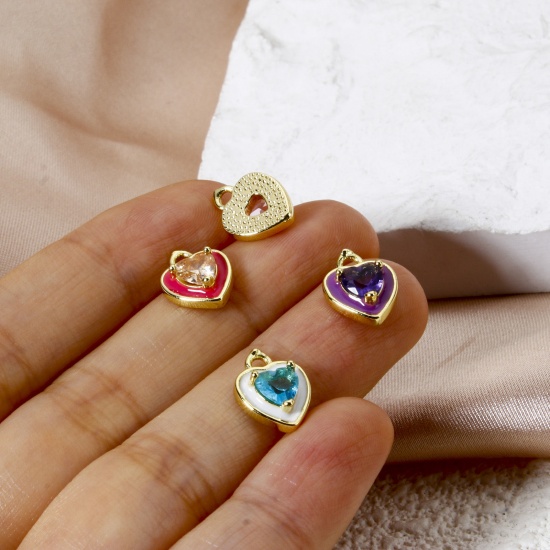 Picture of Eco-friendly Brass Valentine's Day Charms 18K Real Gold Plated Heart Enamel 12mm x 9mm