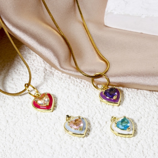 Picture of Eco-friendly Brass Valentine's Day Charms 18K Real Gold Plated Heart Enamel 12mm x 9mm