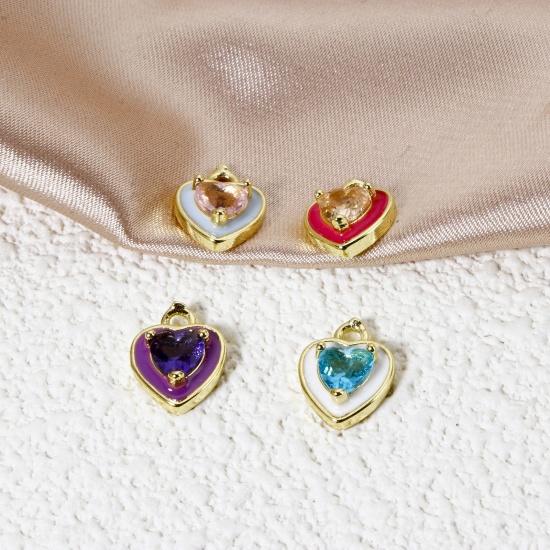 Picture of Eco-friendly Brass Valentine's Day Charms 18K Real Gold Plated Heart Enamel 12mm x 9mm