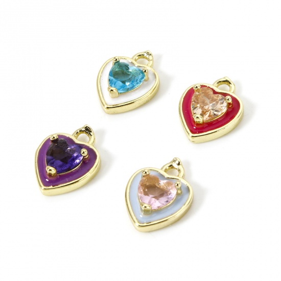 Picture of Eco-friendly Brass Valentine's Day Charms 18K Real Gold Plated Heart Enamel 12mm x 9mm
