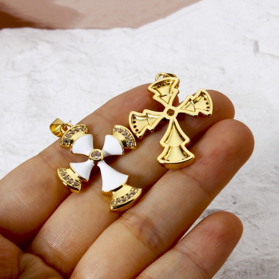 Imagen de 1 Unidad Respetuoso del Medio Ambiente Latón Religión Colgantes 18K Oro Real Chapado Multicolor Cruz Esmalte Claro Circón Artificial 3.6cm x 2.4cm