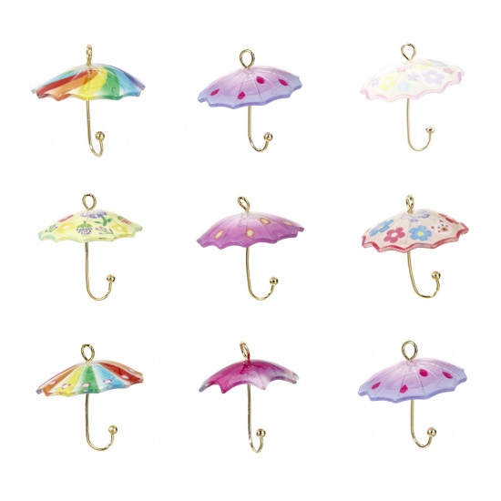 Image de 5 Pcs Breloques Collection de Météo en Laiton & Résine Parapluie 3D Plaqué Or 18K Multicolore 22mm x 20mm