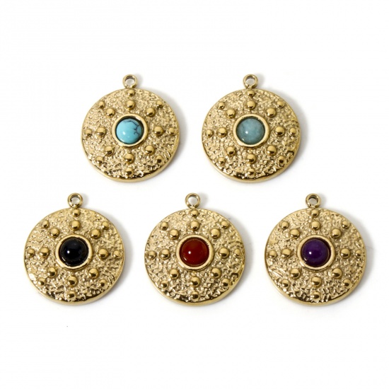Image de 1 Pièce Breloques en 304 Acier Inoxydable Revêtement sous Vide PVD Respectueux de l'Environnement Disque Rond Plaqué Or Véritable 14K Avec Cabochon de Gemme Synthétique 18mm x 15.5mm
