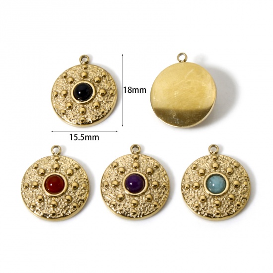 Image de 1 Pièce Breloques en 304 Acier Inoxydable Revêtement sous Vide PVD Respectueux de l'Environnement Disque Rond Plaqué Or Véritable 14K Avec Cabochon de Gemme Synthétique 18mm x 15.5mm