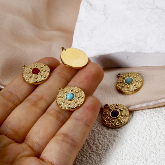 Image de 1 Pièce Breloques en 304 Acier Inoxydable Revêtement sous Vide PVD Respectueux de l'Environnement Disque Rond Plaqué Or Véritable 14K Avec Cabochon de Gemme Synthétique 18mm x 15.5mm