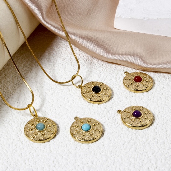 Image de 1 Pièce Breloques en 304 Acier Inoxydable Revêtement sous Vide PVD Respectueux de l'Environnement Disque Rond Plaqué Or Véritable 14K Avec Cabochon de Gemme Synthétique 18mm x 15.5mm