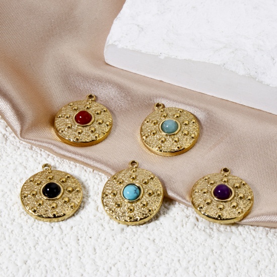 Image de 1 Pièce Breloques en 304 Acier Inoxydable Revêtement sous Vide PVD Respectueux de l'Environnement Disque Rond Plaqué Or Véritable 14K Avec Cabochon de Gemme Synthétique 18mm x 15.5mm