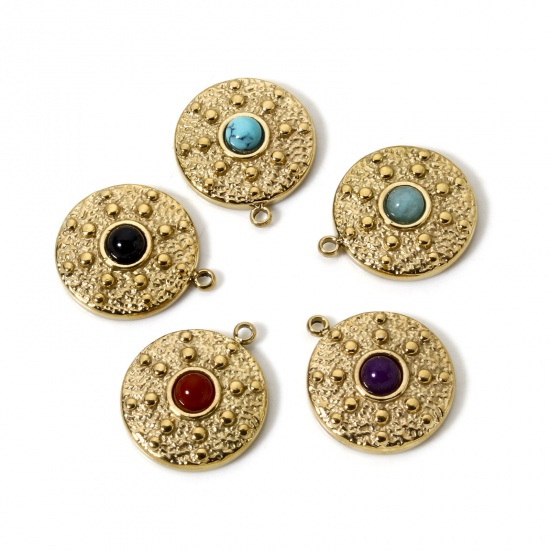 Image de 1 Pièce Breloques en 304 Acier Inoxydable Revêtement sous Vide PVD Respectueux de l'Environnement Disque Rond Plaqué Or Véritable 14K Avec Cabochon de Gemme Synthétique 18mm x 15.5mm