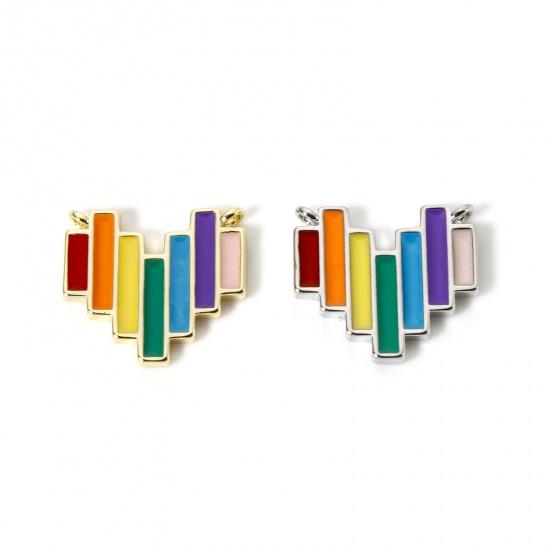 Picture of Brass Valentine's Day Connectors Charms Pendants Multicolor Multicolor Heart Stripe Enamel 17mm x 15mm