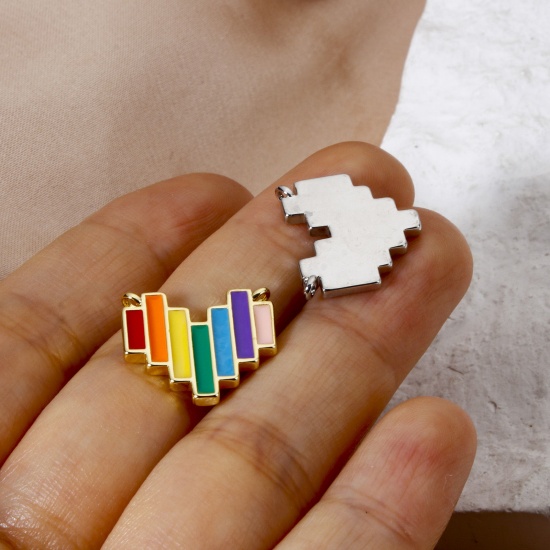 Picture of Brass Valentine's Day Connectors Charms Pendants Multicolor Multicolor Heart Stripe Enamel 17mm x 15mm