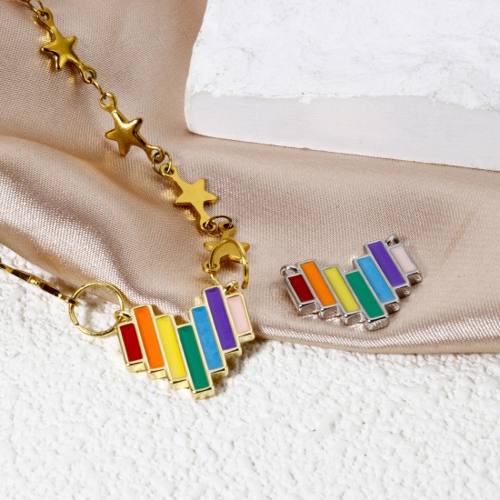 Picture of Brass Valentine's Day Connectors Charms Pendants Multicolor Multicolor Heart Stripe Enamel 17mm x 15mm