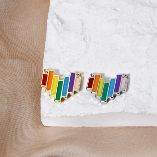 Picture of Brass Valentine's Day Connectors Charms Pendants Multicolor Multicolor Heart Stripe Enamel 17mm x 15mm