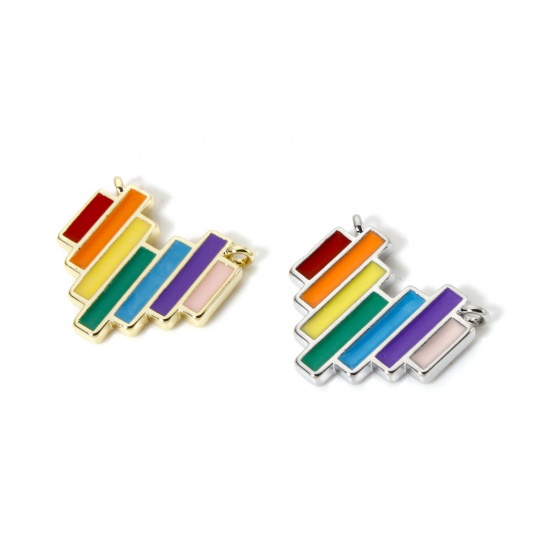 Picture of Brass Valentine's Day Connectors Charms Pendants Multicolor Multicolor Heart Stripe Enamel 17mm x 15mm