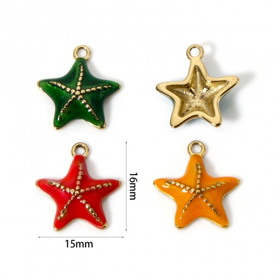 Image de 1 Pièce Breloques en 304 Acier Inoxydable Revêtement sous Vide PVD Respectueux de l'Environnement Bijoux d'Océan Etoile de Mer Plaqué Or Véritable 14K Émail 16mm x 15mm