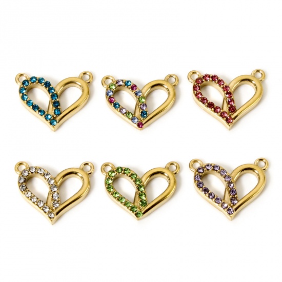 Bild von Umweltfreundliche PVD-Vakuumbeschichtung 304 Edelstahl Valentinstag Steckverbinder Charms Anhänger Herz 14K Echtgold plattiert mit Zirkon 16mm x 13mm