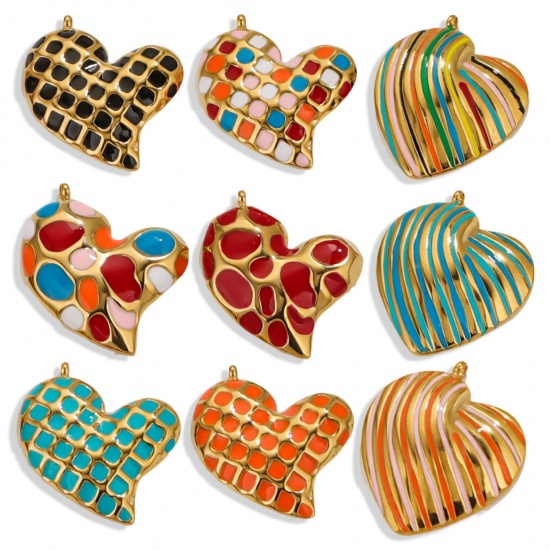 Picture of Eco-friendly PVD Vacuum Plating 304 Stainless Steel Valentine's Day Charms 18K Gold Plated Heart Enamel 28mm x 24mm