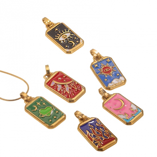Immagine di 1 Pz Placcatura Sottovuoto PVD Ecologica 304 Acciaio Inossidabile Tarocchi Ciondoli Pendenti Rettangolo Placcato Oro 18K Smalto 3.1cm x 1.4cm