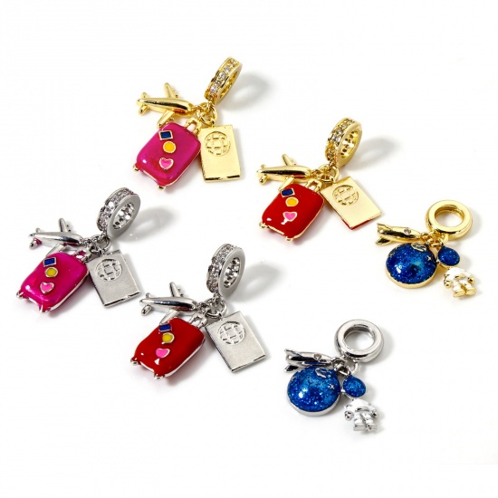 Bild von Messing Baumelnde Charm-Perlen für die Herstellung von Armbändern, Halsketten und Schmuck Bunt Emaille Reisetrolley Universum Planeten Emaille