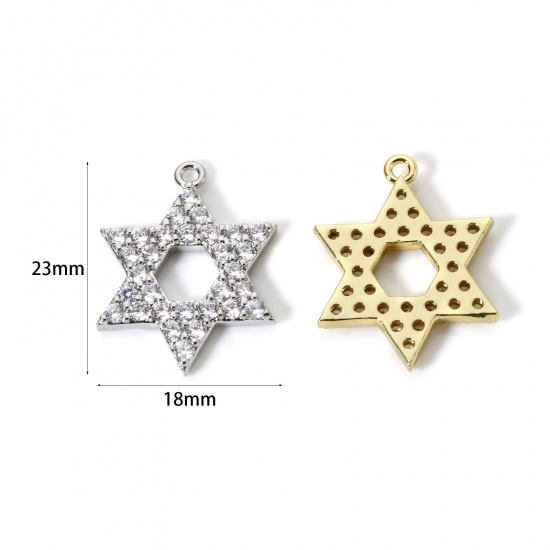 Picture of Brass Religious Charms Multicolor Star Of David Hexagram Micro Pave Clear Cubic Zirconia 23mm x 18mm