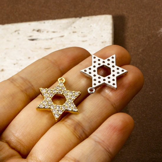 Picture of Brass Religious Charms Multicolor Star Of David Hexagram Micro Pave Clear Cubic Zirconia 23mm x 18mm