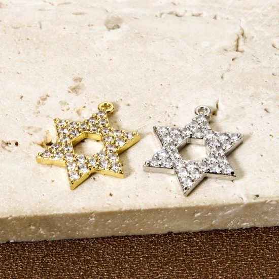 Picture of Brass Religious Charms Multicolor Star Of David Hexagram Micro Pave Clear Cubic Zirconia 23mm x 18mm