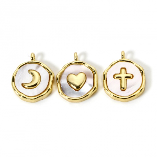 Immagine di 1 Pz Conchiglie Naturali & Ottone Ciondoli Placcato Oro 18K Bianco Tondo Disco 15mm x 12mm