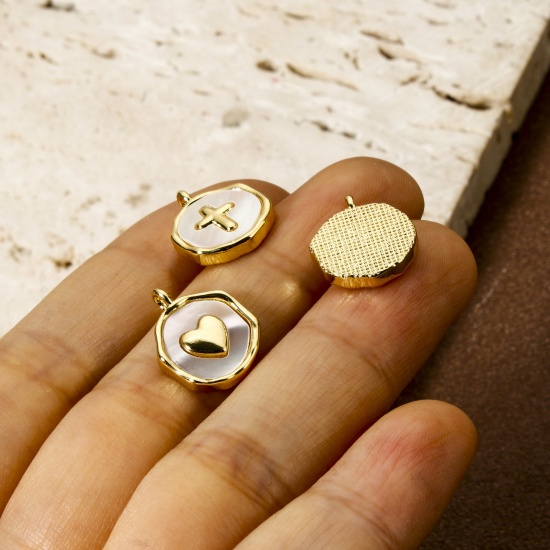 Immagine di 1 Pz Conchiglie Naturali & Ottone Ciondoli Placcato Oro 18K Bianco Tondo Disco 15mm x 12mm