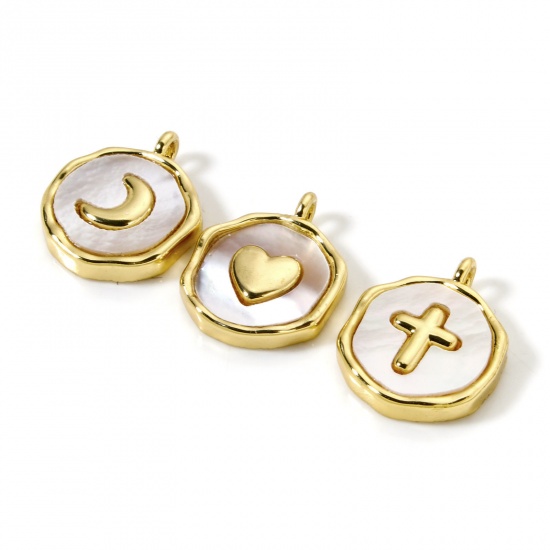 Immagine di 1 Pz Conchiglie Naturali & Ottone Ciondoli Placcato Oro 18K Bianco Tondo Disco 15mm x 12mm