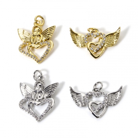 Brass Valentine's Day Charms Multicolor Heart Wing Micro Pave Clear Cubic Zirconia