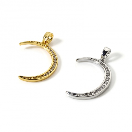 Immagine di 2 Pz Ecologico Ottone Ciondoli Vero Oro Placcato Luna Nuova Micro Spianare Trasparente Cubic Zirconiae 26mm x 16mm