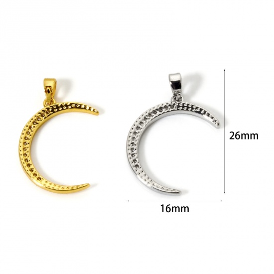Immagine di 2 Pz Ecologico Ottone Ciondoli Vero Oro Placcato Luna Nuova Micro Spianare Trasparente Cubic Zirconiae 26mm x 16mm